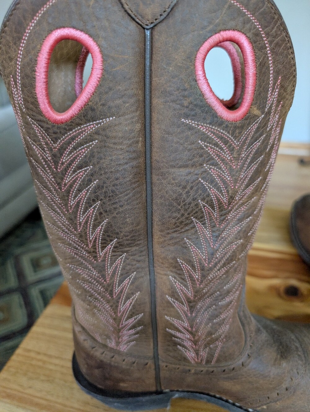 Ariat Brown Leather Western Heeled Boots with Pink Stitching - Picture 5 of 12